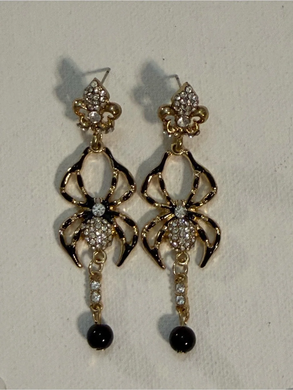 Vtg Y2K Deadstock Rhinestone Spider Drop Earrings Gold Tone Gothic Halloween 2.5
